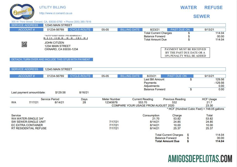 Em branco modelo de conta de serviços públicos da cidade de Oxnard, EUA, Califórnia, em formato Word e PDF